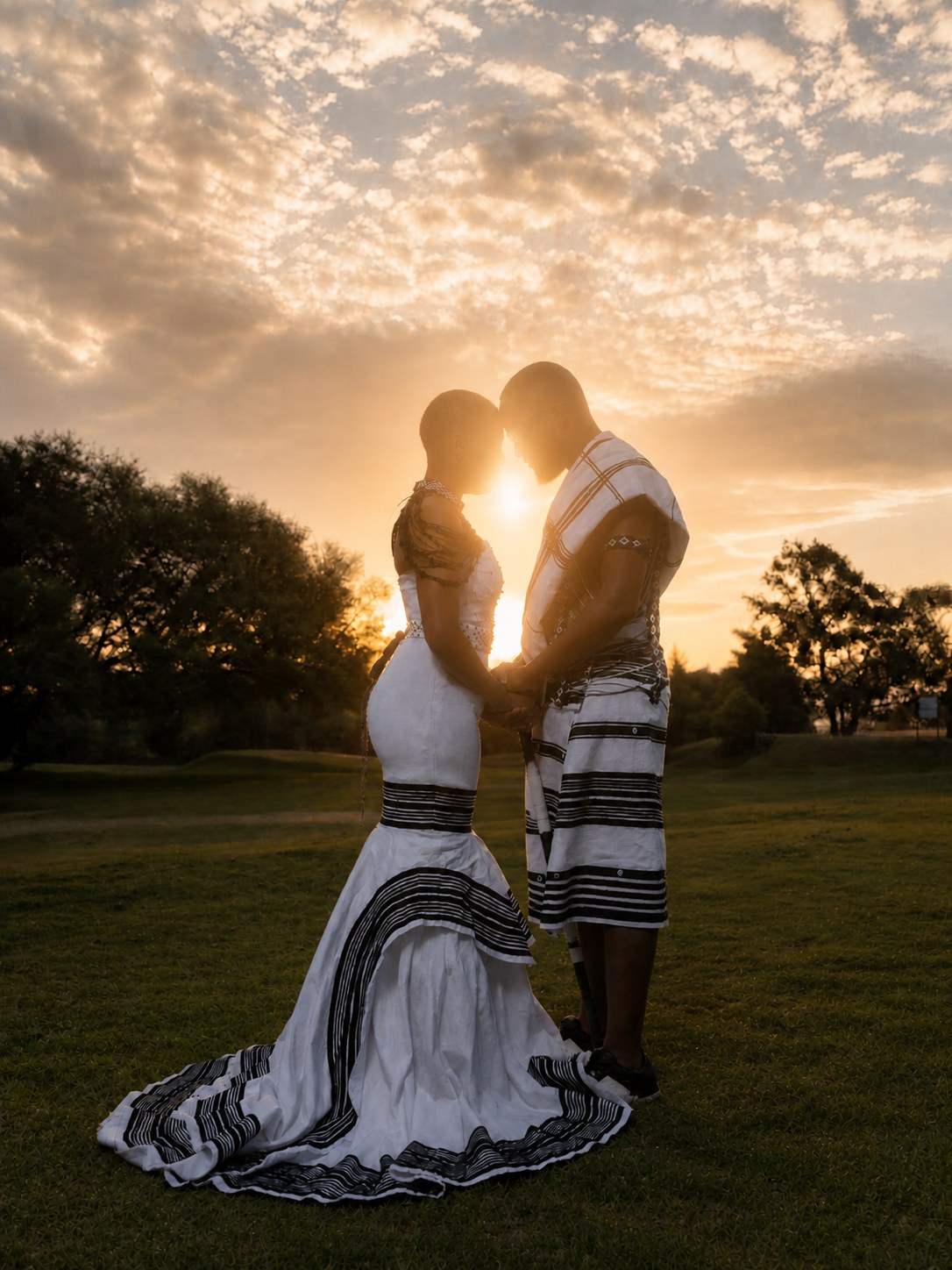 A couple in black and white traditional attire, forehead to forehead against the setting sun